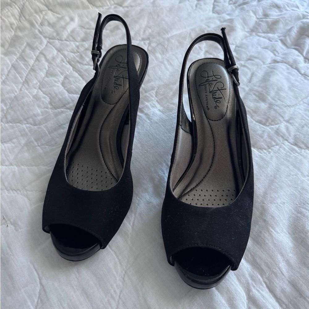 LifeStride Teller Black Peep Toe Slingback Women’s 7M Comfort Shoes 3.5” Heel
